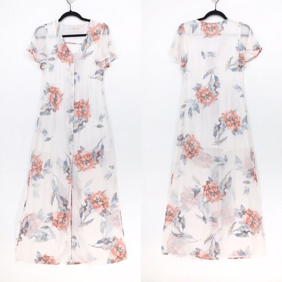 Current Air Asos Women XS Dress White Maxi Chiffon Flutter Sleeve Floral Slit - Picture 1 of 8